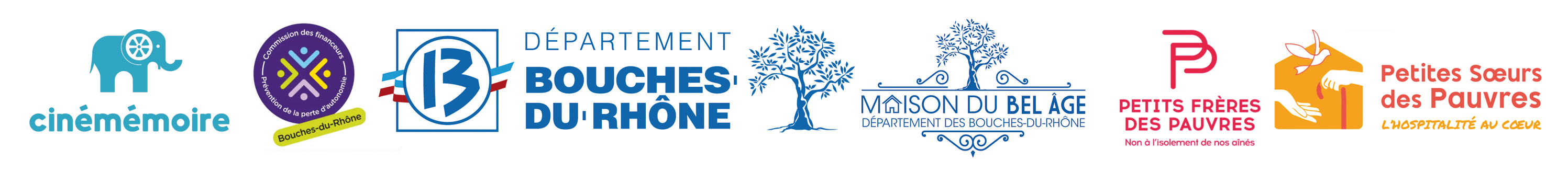Bandeau logos cinémémoire, conférence des financeurs - prévention de la perte d'autonomie - département des Bouches du Rhône - Maisons du Bel Âge - Petits Frères des Pauvres - Association Shebba